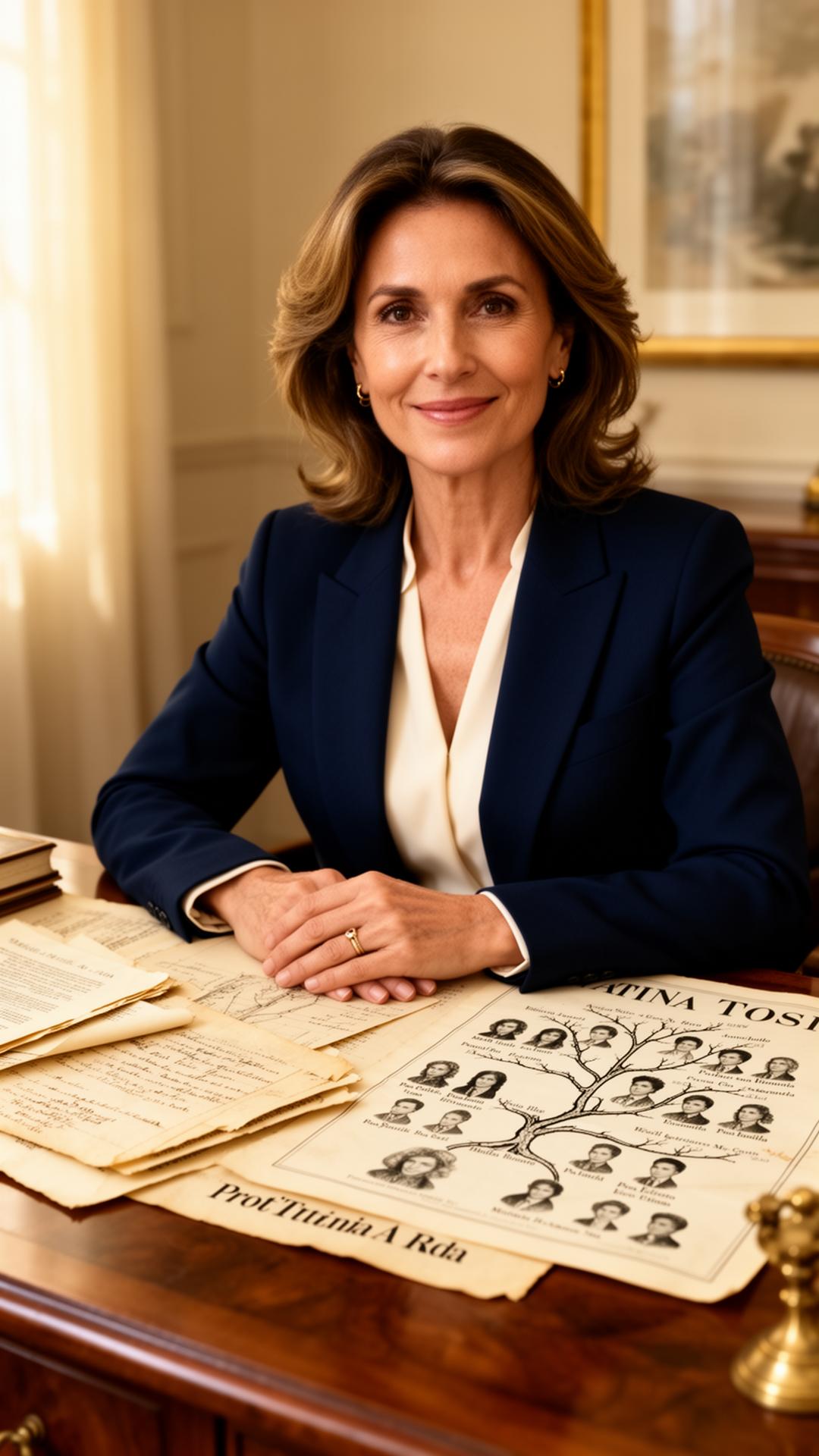 Tatiana Tosi, fundadora do Clube Ancestral, em sua mesa com documentos genealógicos